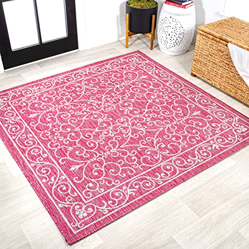 Vintage Filigree Indoor Outdoor Square Area Rug 5X5 Fuchsia