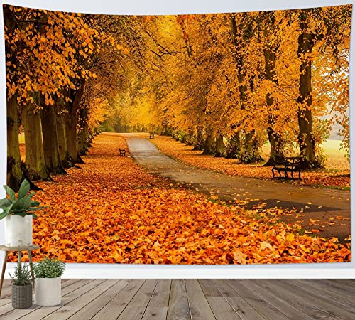 Fall Maple Forest Tapestry Natural Landscape Autumn Maple Tree with Vintage Road Fall Wall Hanging for Bedroom Living Room Dorm Home Party Decor 92.5x70.9 Inch