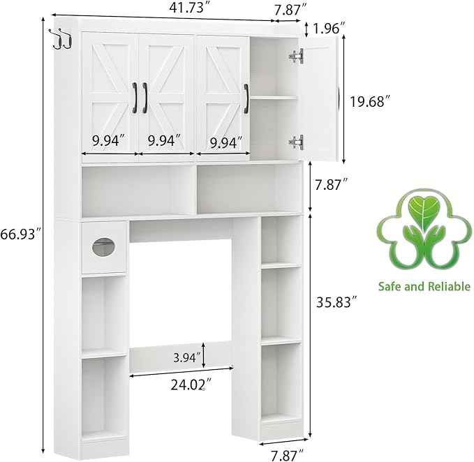 Vabches Over The Toilet Storage Cabinet with 4 Barn Doors, Bathroom Organizer with Toilet Paper Holder & Adjustable Shelves, Space-Saving Farmhouse Toilet Shelf for Bathroom,Restroom,Laundry