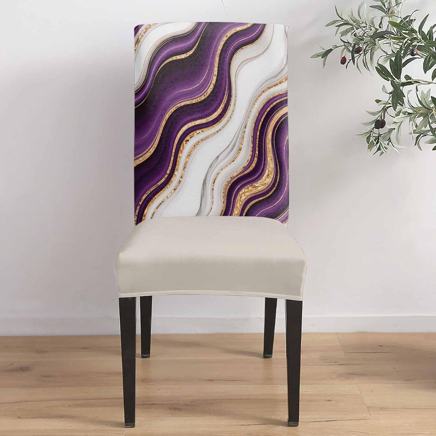 4 Pcs Dining Chair Covers Stretch Spandex Slipcovers Purple Marble Gold Inlay Removable Washable Dining Room Seat Cover Cushion Protector for Home Hotel Banquet Decor Abstract Geometric Stripes
