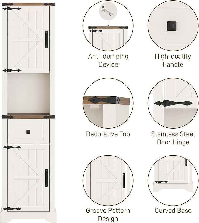 Vabches 66" Tall Farmhouse Bathroom Storage Cabinet with Barn Doors and Drawer, Narrow Storage Unit, Adjustable Shelves & 5-Tier Space, Freestanding Cabinet for Bathroom, Living Room, Kitchen