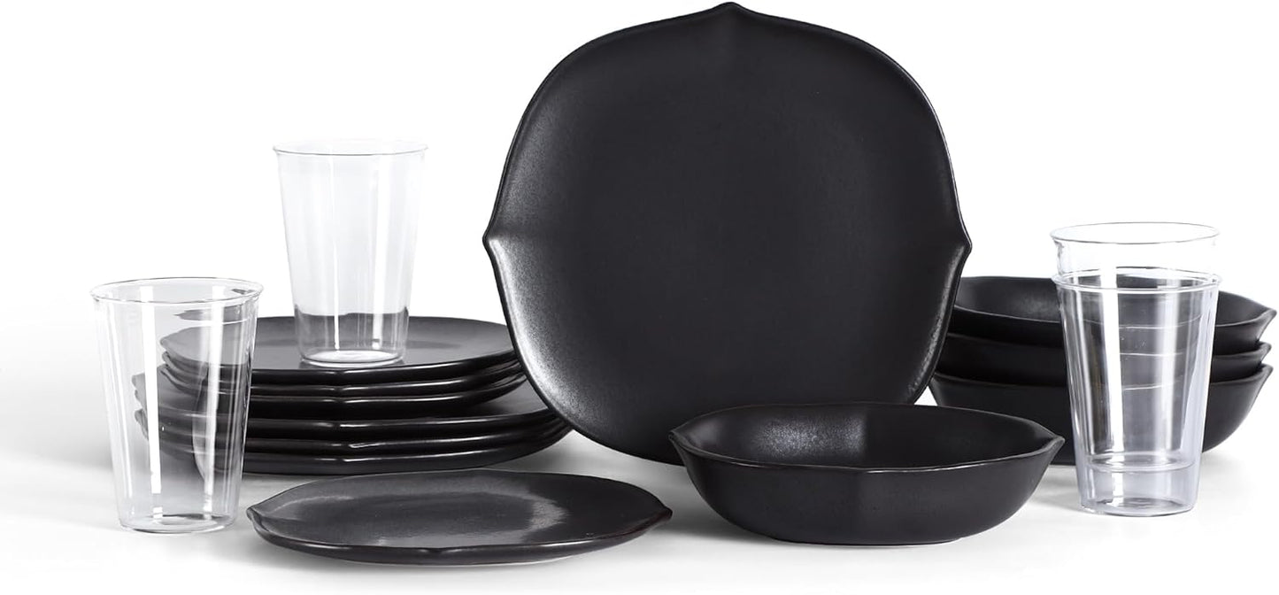 Stone Lain Baskerville 32-Piece Dinnerware Set Stoneware, Borosilicate Glass, Black