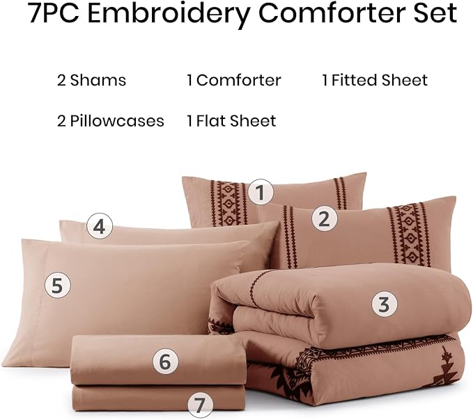 MaiRêve Embroidery Comforter Set, Boho Farmhouse Western Bedding Set, All Season Bed in A Bag Comforter Set with Sheets, Pillowcases & Shams, Dusty Pink Full 7 Pieces