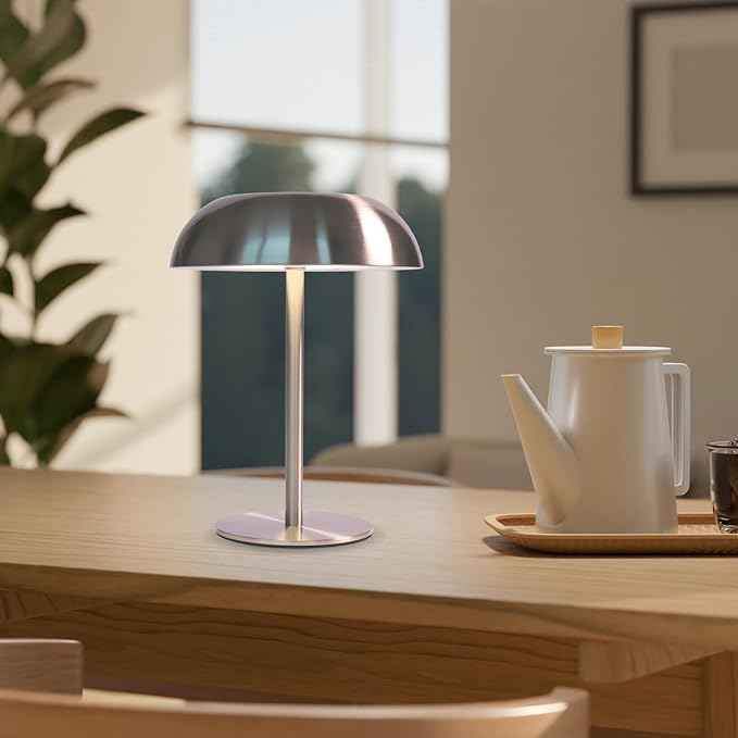 Portable LED Mushroom Table Lamp, 8.46'' Small Cordless Desk Night Light with 5200mAh Rechargeable Battery, Stepless Dimming Lamp with 3 Colors for Bedroom/Bar/Coffee Shop (Silver)