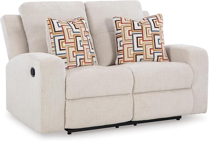 Signature Design by Ashley Danum Modern Tufted Manual Reclining Loveseat with 2 Accent Pillows, Beige