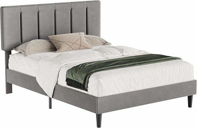 VECELO Queen Bed Frame with Upholstered Headboard, Heavy-Duty Platform Bedframe with Strong Wooden Slats Support, No Boxing Spring Needed, Dark Grey