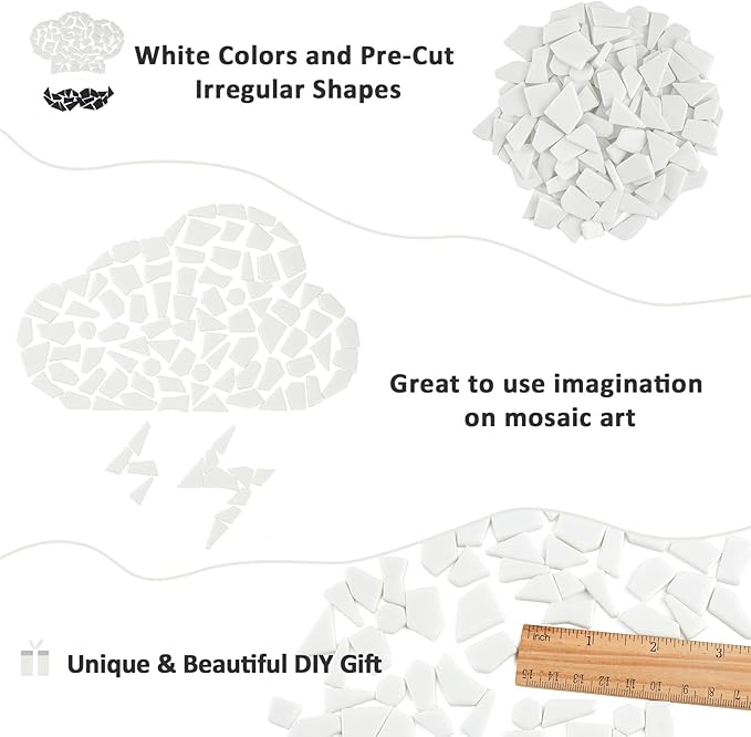 Youway Style White Mosaic Tiles for Crafts Bulk,200g Broken Glass Pieces for DIY Spring Mosaic Art Kit Decor,Garden Mosaic Supplies