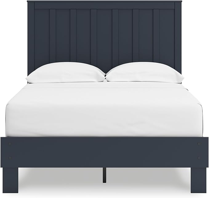 Signature Design by Ashley Simmenfort Casual Full Platform Bed, Matte Finish, Shaker Style, Navy Blue, Shiplap-Style Headboard, Coastal, Adjustable Height, Foundation or Box Spring Not Needed, Blue