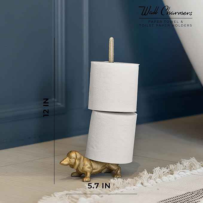 WallCharmers Gold Paper Towel Holder, Metal Toilet or Kitchen Paper Holder for Floor or Countertop, Gold Dog