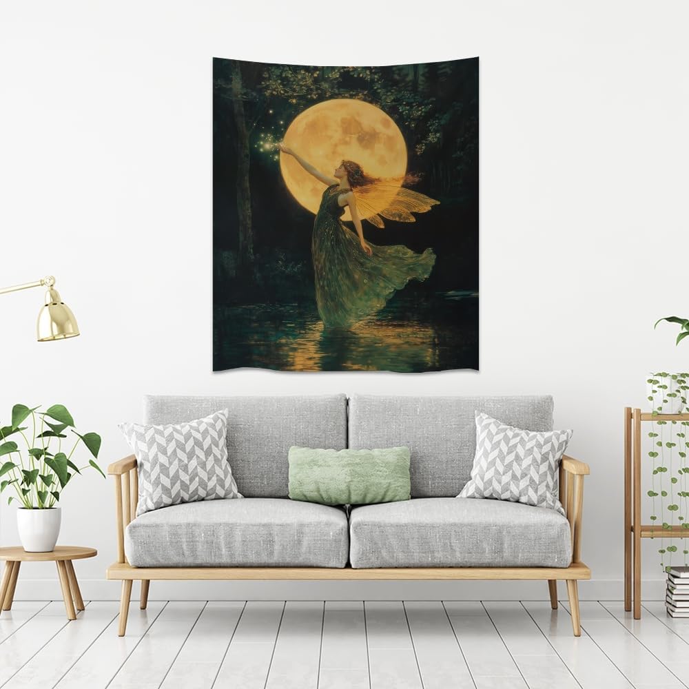 Whimsical Fairy Tapestry Fantasy Moonlight Fae Goddess Print Moody Gothic Aesthetic Wall Hanging Magical Forest Pictures Dark Cottage Witchy Tapestries for Girls Room Bedroom 30x40inch