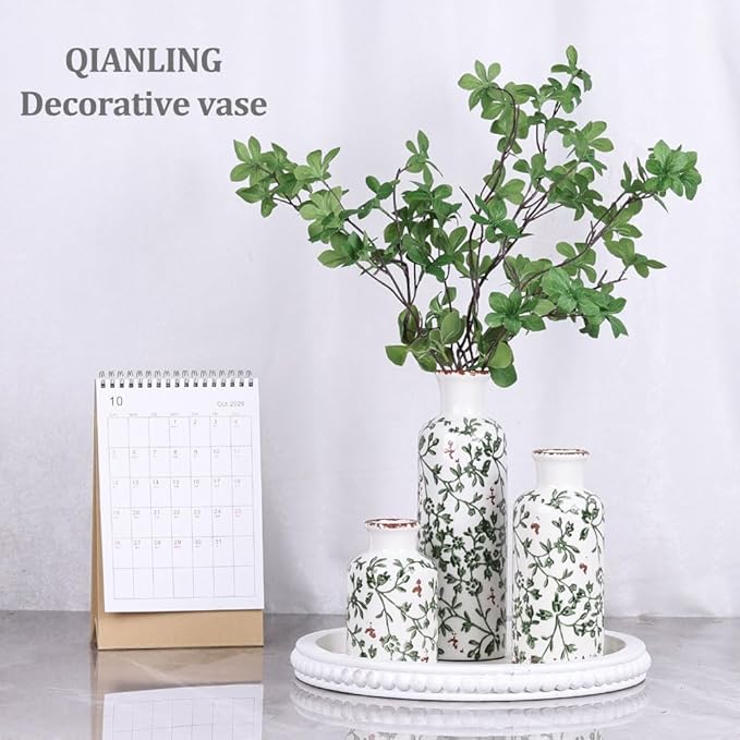 Green Ceramic Vase Set - 3 Chinoiserie Green Floral Vases, Farmhouse Country Flower Vase Home Decor, Living Room Decoration, Table Decoration, Fireplace Decor, and Entrance Decorations Centerpiece