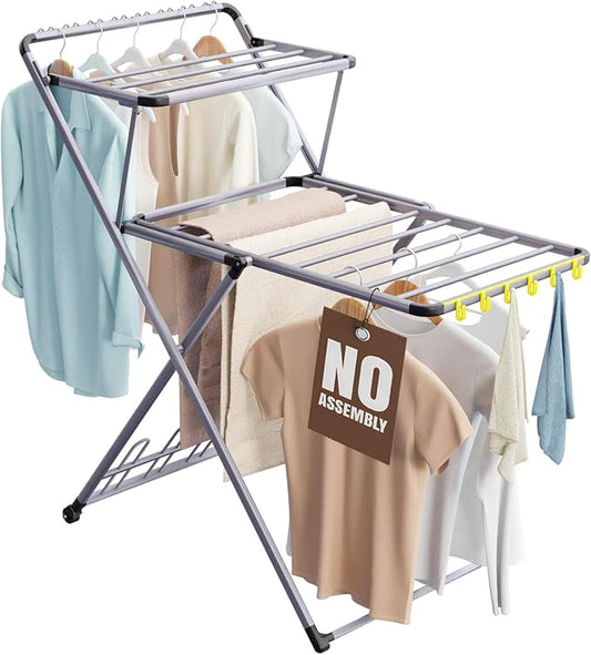 XABITAT Clothes Drying Rack with Shoe Dryer, No Assembly, Metal Construction, Non-Slip Feet, 2 Level with Hooks, Hidden Wheels, Foldable, Portable, Ideal for Laundry Room, Indoor & Outdoor