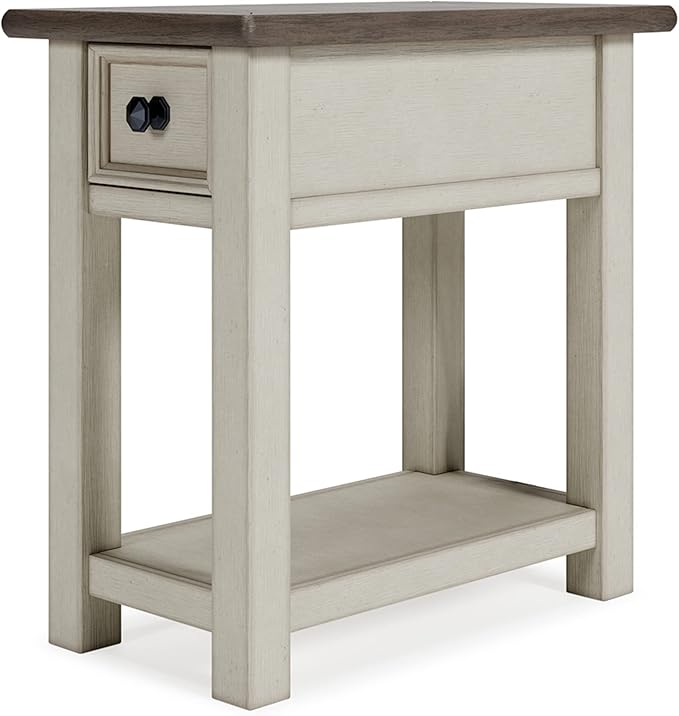 Signature Design by Ashley Bolanburg Chair Side End Table , USB Charging Ports, Drawer, Oak Wood, 14" W x 24.13" D x 24.13" H, 2-Tone Light Brown & Whitewash