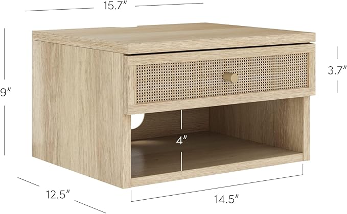 Nathan James Jackson Wall Mounted Rattan Floating Bedroom Nightstand with Storage Drawer and Modern Open Shelf Cubby, Light Oak/Rattan