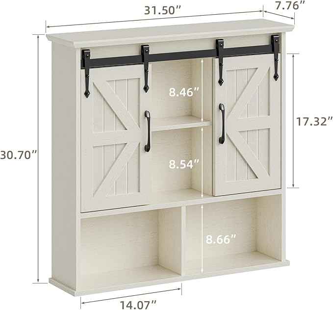 Vabches Bathroom Wall Cabinet, Farmhouse Medicine Cabinet with Double Sliding Barn Door and Adjustable Shelves, Wooden Vintage Storage Cabinet Wall Mounted for Bathroom, Kitchen Dining, White