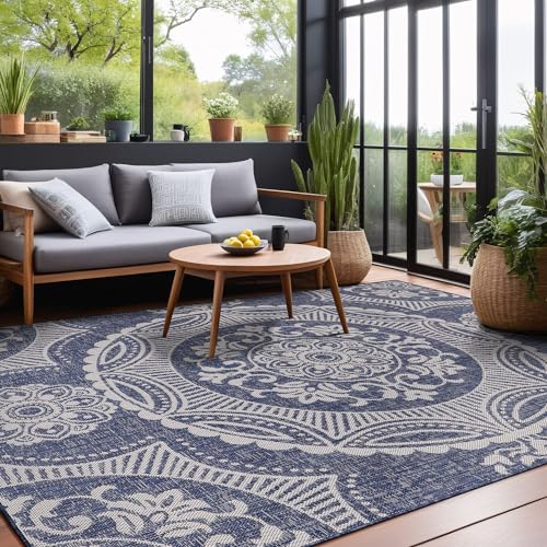 Medallion Outdoor Rug 10x14 Washable Outside Carpet for Indoor Patio Porch Waterproof Easy Cleaning Non Shedding Area Rugs Blue 10 x 14