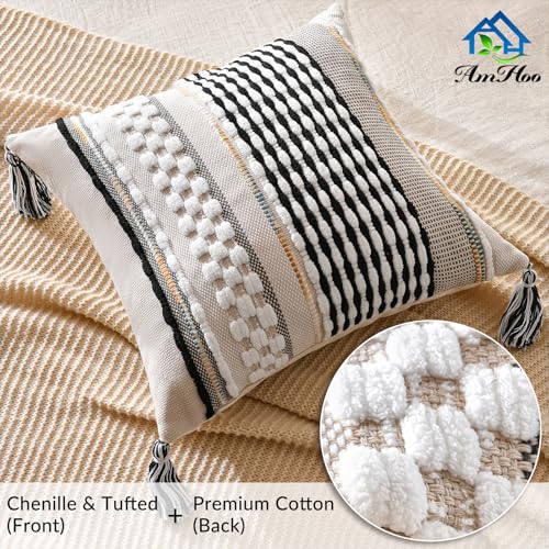 Set of 2 Chenille Striped Textured Boho Throw Pillow Covers Aesthetic with Tassels Woven Decorative Pillow Case for Couch Bed Sofa Bedroom Modern Funky 18 x 18 (2 Count)