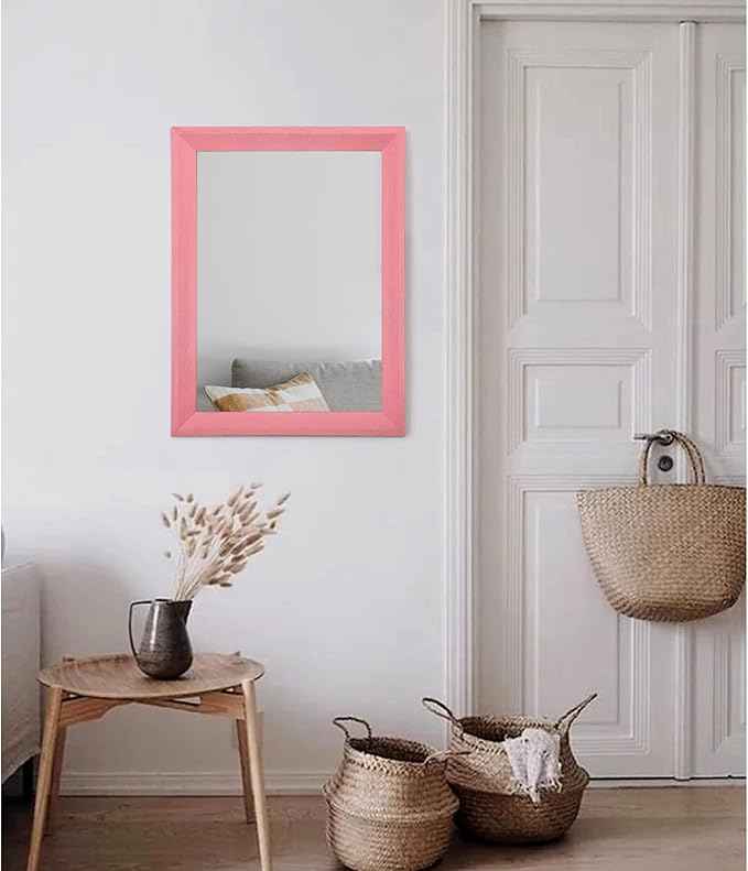 AAZZKANG Rectangle Mirror with Wood Frame Modern Farmhouse Wall Mirrors Decor Large 20"x16" for Bedroom Bathroom Living Room Pink
