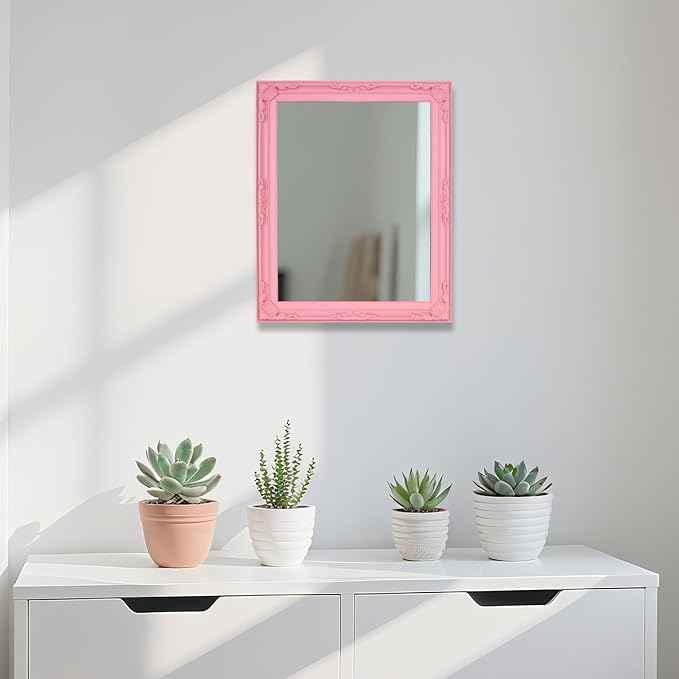 Funly mee Baroque Square Wall Mirror, 12.8 x 15.8 inches, Vintage Gold Plastic Frame, Vertical or Horizontal Mount (Pink, 12.8 x 15.8)