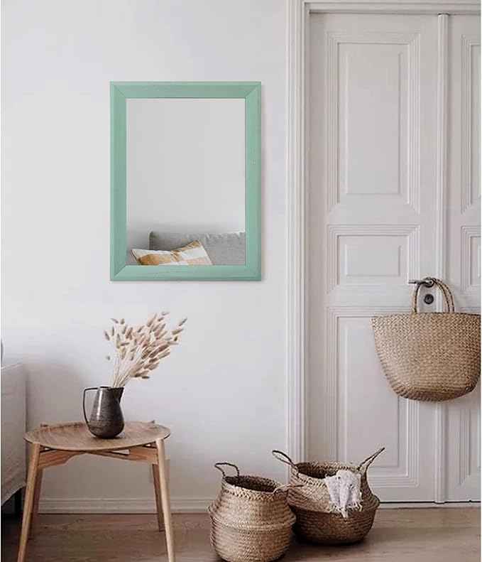 AAZZKANG Wood Framed Mirror Rectangle Modern Farmhouse Wall Mirrors Decor Large 20"x16" for Bedroom Living Room Bathroom Dressing Room Green