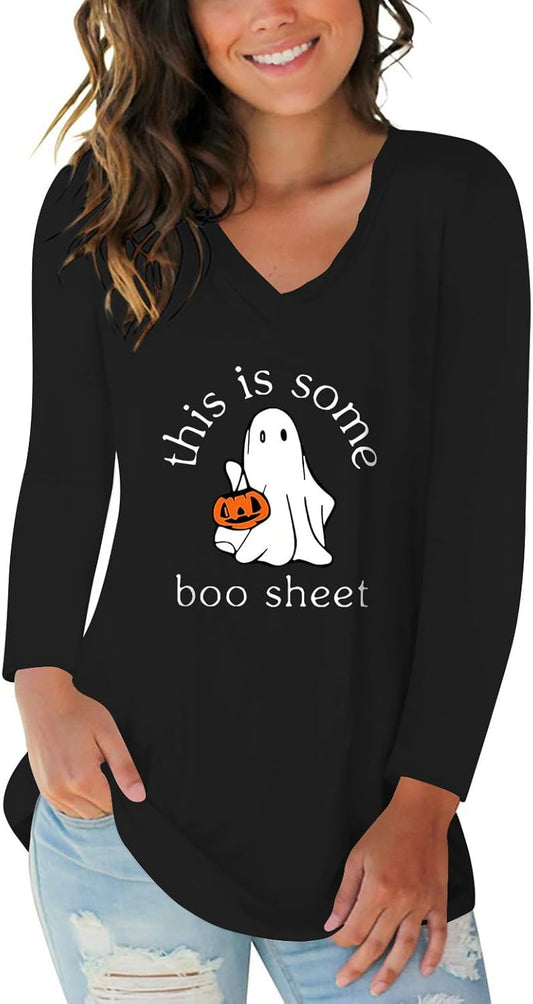 Tobrief Women's Long Sleeve V-Neck Shirts Fall Graphic Tees Loose Casual T-Shirt