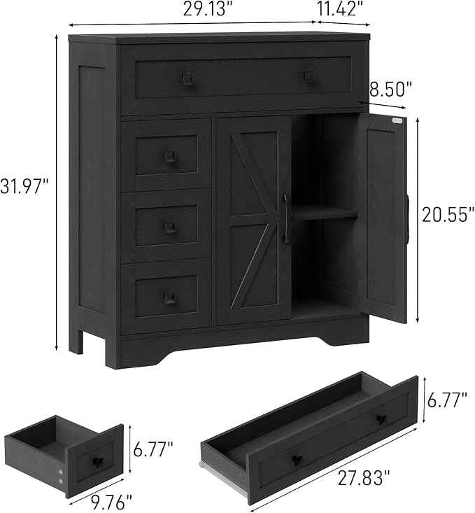 Vabches Farmhouse Storage Cabinet with 2 Doors and 4 Drawers, Freestanding Bathroom Storage Cabinet Kitchen Pantry, Floor Hutch Cupboard for Living Room/Bathroom/Kitchen,(Pure Black)