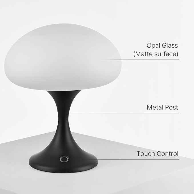 Mushroom Lamp, 5W LED Cordless Rechargeable Table Lamp with Glass Shade, Small Retro Dimmable Touch Light with 3 Color Temps, Aesthetic Mid Century Bedside Light for Bedroom Ambient, Black