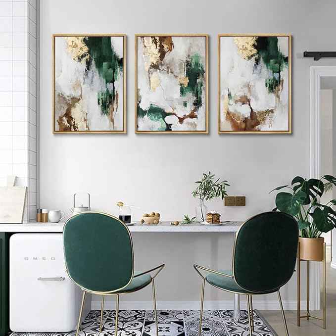 3Pcs Green and Gold Canvas Wall Art Abstract Posters Print Brown Abstract And Gray Line Pictures Decor for Living Room Bedroom Bathroom Home Decoration Unframed