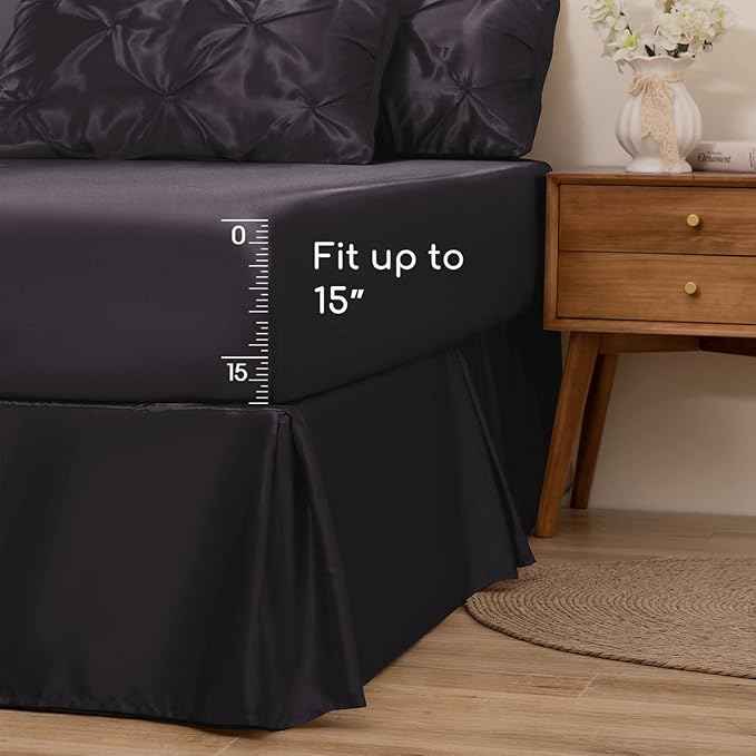 MR&HM Satin Comforter Twin 5 Pieces - Luxurious Pinch Pleat Bedding Set with Comforter, Flat Sheet, Fitted Sheet, Pillowcase & Sham, Super Silky Soft Bed Set for All Season (Twin, Black)
