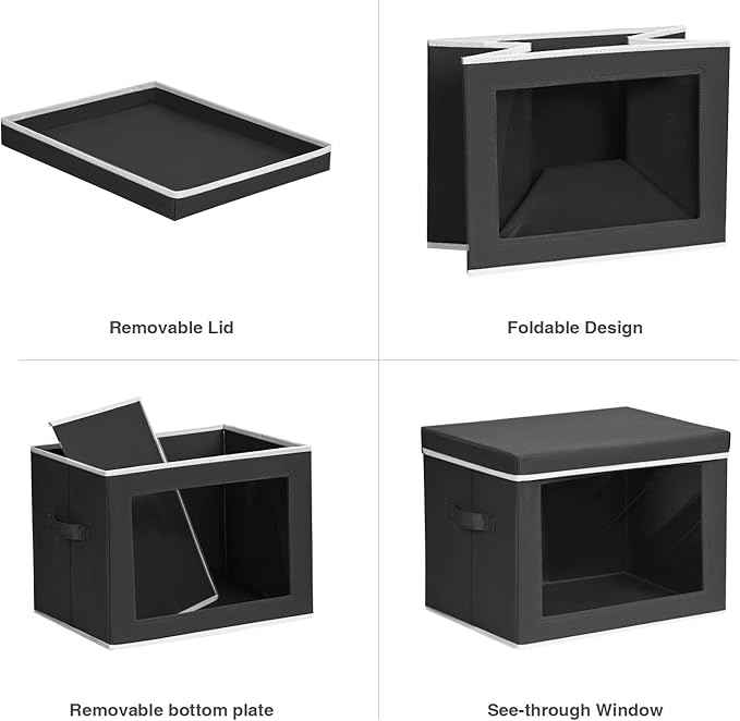 Cube Storage Bins with Lids, Clear Window Storage Baskets for Organizing, Fabric Organizer Bins with Handle, Cloth Storage Bins for Shelves, Closet, Clothes, Towels, 4 Packs, Black
