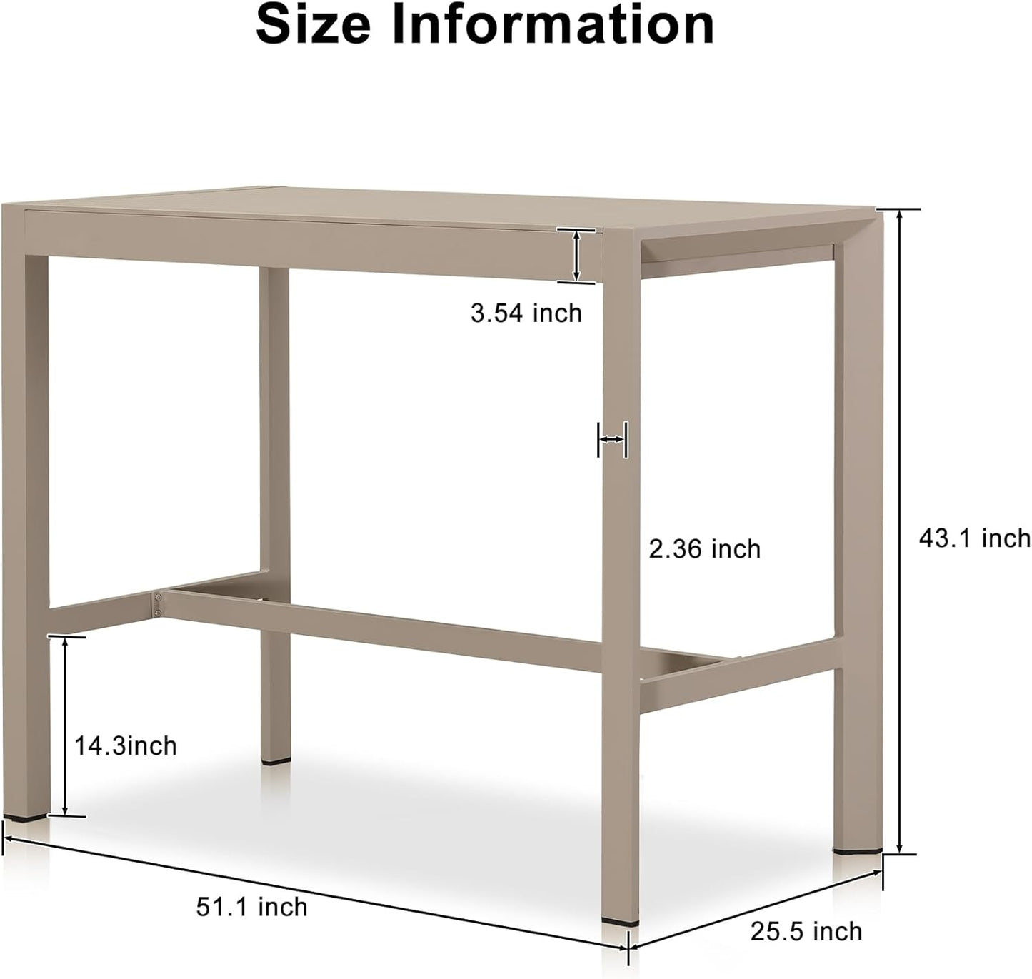 PURPLE LEAF 43.1'' Rectangle Outdoor Patio Bar Height Pub Table, Outside Aluminum Tall Kitchen Bar Table with Sturdy Legs for Bar Stool, Indoor and Outdoor, Garden, Champagne