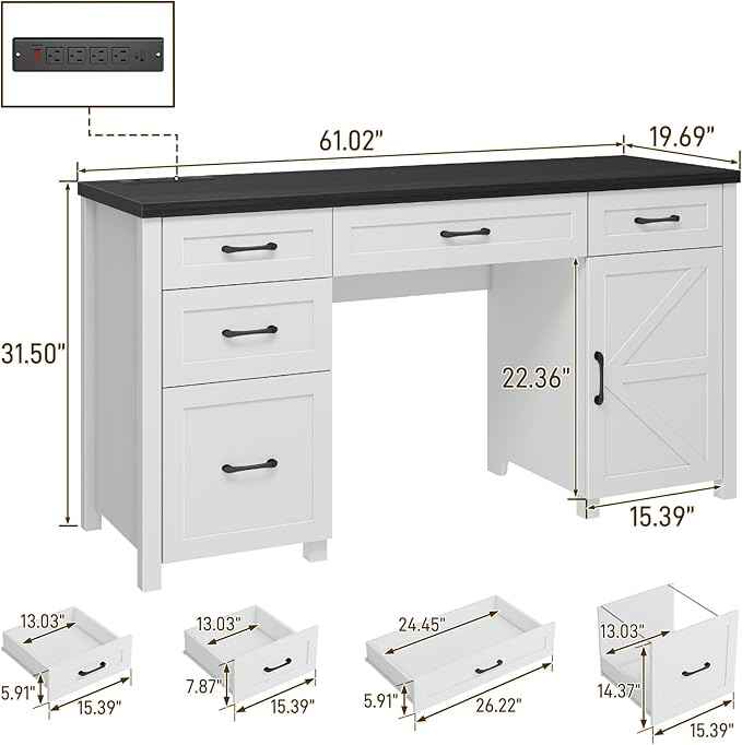 Vabches Farmhouse 61'' Executive Desk with 5 Drawers, Rustic Office Desk Computer Desk with Charging Station, File Drawers and Storage Cabinet, Wood Workstation for Home Office and Study.(Black Top)