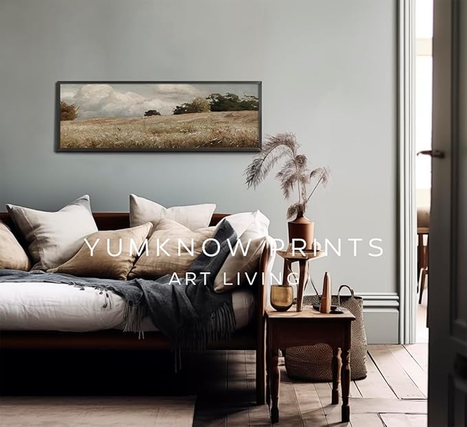 Vintage Farmhouse French Country Bedroom Wall Decor Above Bed - 10x30" - Horizontal Wall Art Over the Bed - Panoramic Landscape Picture Sign, Canvas Oil Painting Long Narrow Autumn Meadow Print Poster