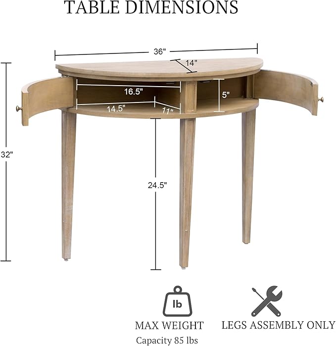 Martha Stewart Crestview Hall Console Table for Entryway with Storage, Solid Rubber Wood Frame, Vintage Demilune Shape, Bronze Knobs, Farmhouse Living Room Furniture Décor, 36" Wide Reclaimed Greige