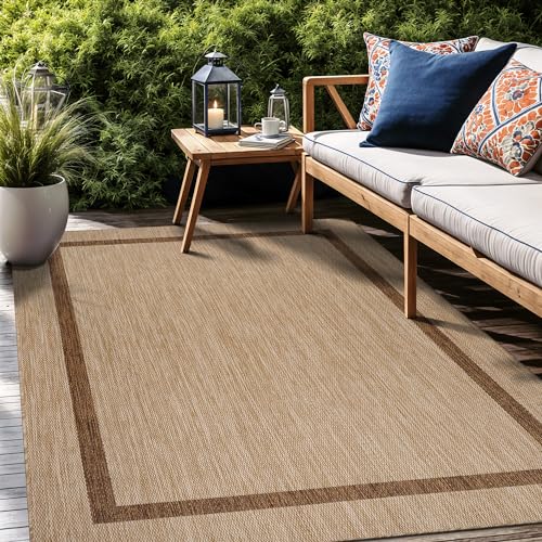 Bordered Outdoor Rug 9x12 Washable Outside Carpet for Indoor Patio Porch Waterproof Easy Cleaning Non Shedding Area Rugs Jute Beige