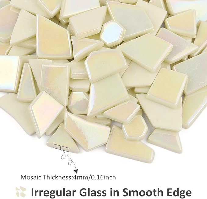 Youway Style Iridescent Cream Glass Mosaic Tiles for Crafs Bulk,200g Broken Stained Glass Pieces for Crafts DIY Mosaic Art Decor