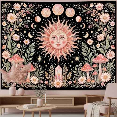 Boho Pink Sun Moon Phase Daisy Flower Mushroom Tapestry 48 x 36 Inch