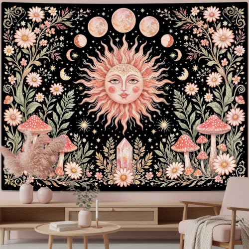 Boho Pink Sun Moon Phase Daisy Flower Mushroom Tapestry 48 x 36 Inch