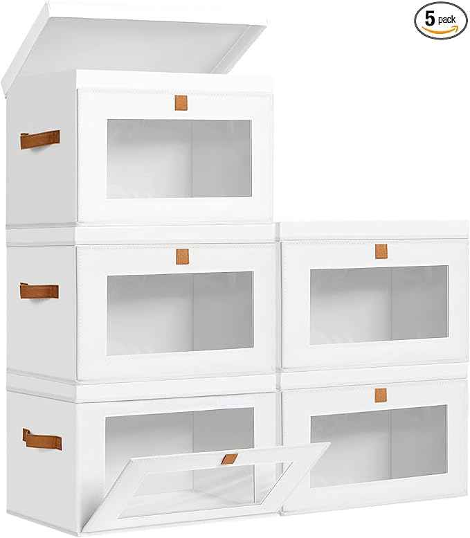 DIMJ Storage Bins with Lids - 5 Pack Large Fabric Closet Organizer with Window & Handles, Collapsible Decorative Storage Boxes for Shelves Under Bed, Books Clothes Blankets Sweaters Organization