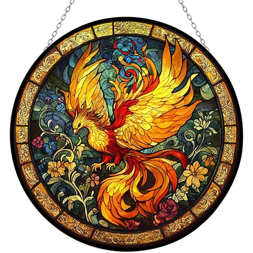 Sacred Phoenix Bird Suncatcher Stained Glass Window Hangings Sun Catchers Colorful Ornament Gifts for Women Mom Wife Halloween Christmas Housewarming 11.8"