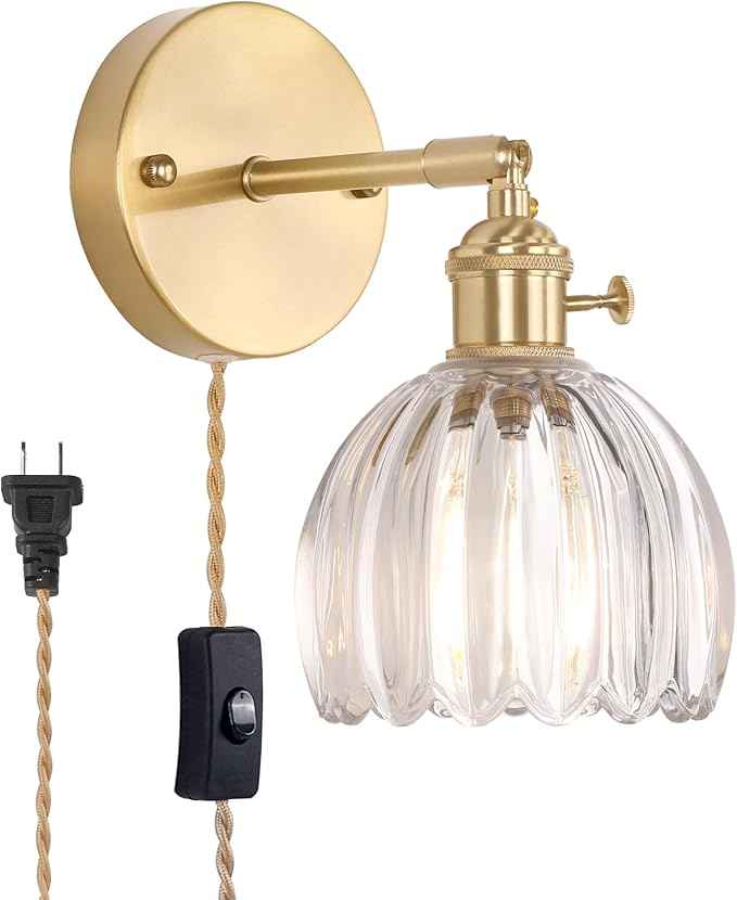 Plug in Wall Sconce, Transparent Tulip Glass Lampshade Wall Light Plugin Corded for Bedside Bedroom Doorway