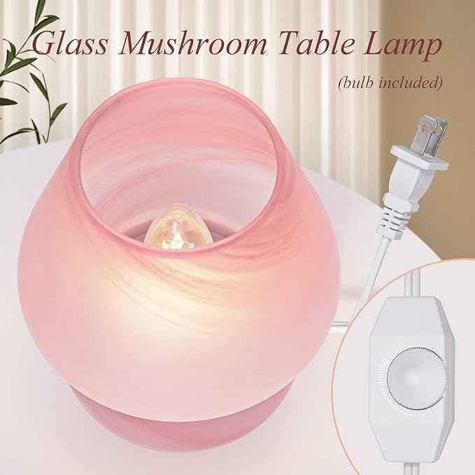 ONEWISH Mushroom Lamp Cute Table Lamp for Bedroom Nightstand Soft Light Pink, Small Glass Nightlight Stepless Dimmable Desk Lamp for Dining, Living, Nursery, Vanity, Home Decor Lamp for Girls Women