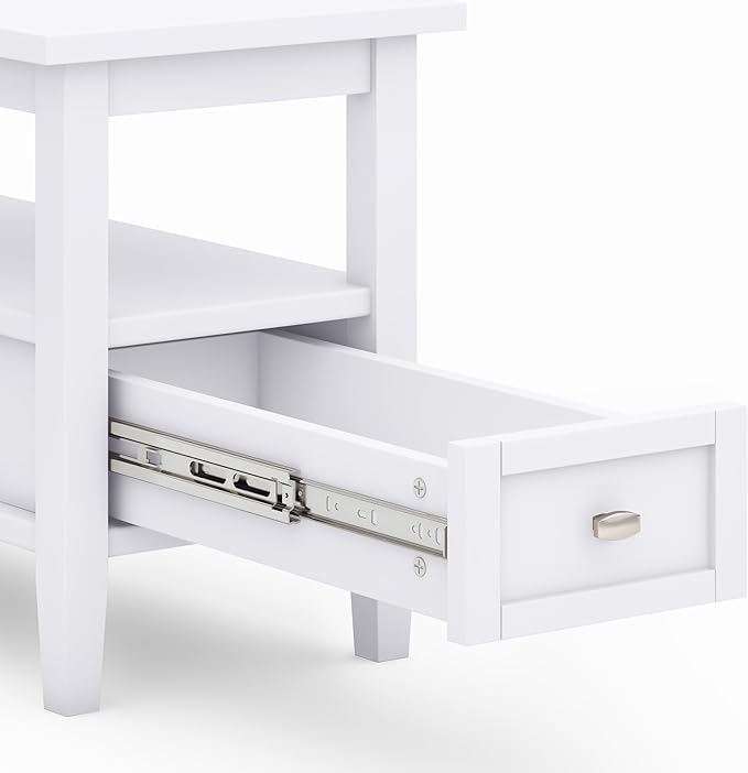 SIMPLIHOME Warm Shaker End Table - 14 inch Wide Solid Wood Narrow Side Table in White, Transitional Accent Table for Living Room or Bedroom with Drawer, Open Shelf and Square Tapered Legs