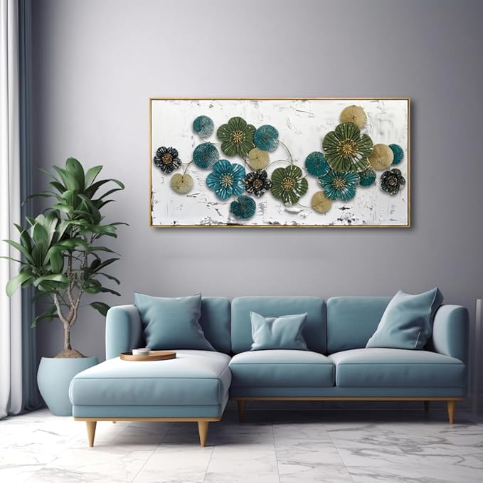 Wall Art Floral Wall Decor Modern Botanical Artwork Green and Blue Canvas Painting for Bedroom Living Room Dining Room Home Office Decor 24"x48" with Framed