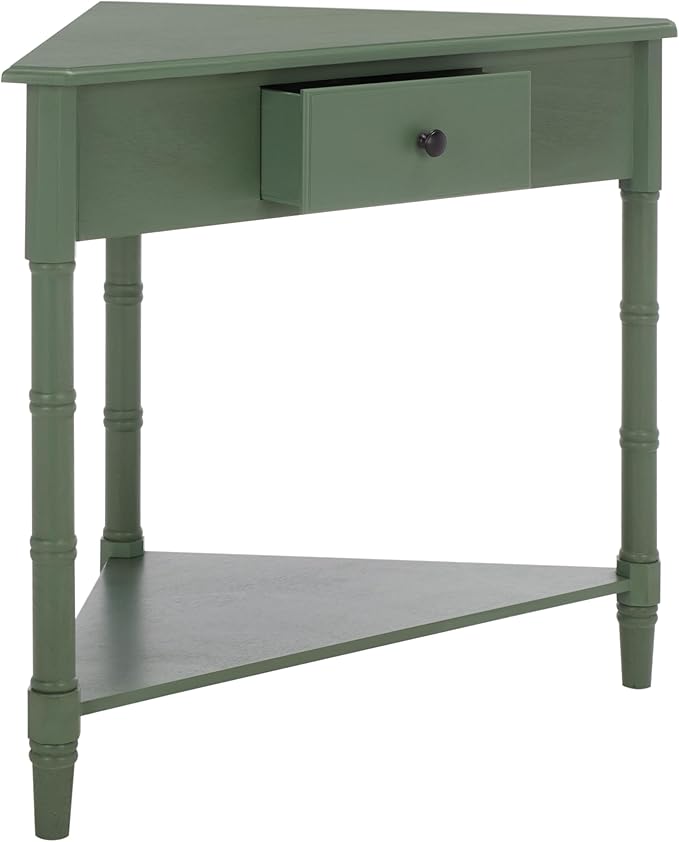 SAFAVIEH Home Collection – Gomez Dusty Green Corner Table, 1-Drawer Space-Saving Triangle Accent Table, Classic Turned-Leg Design (AMH5709J)