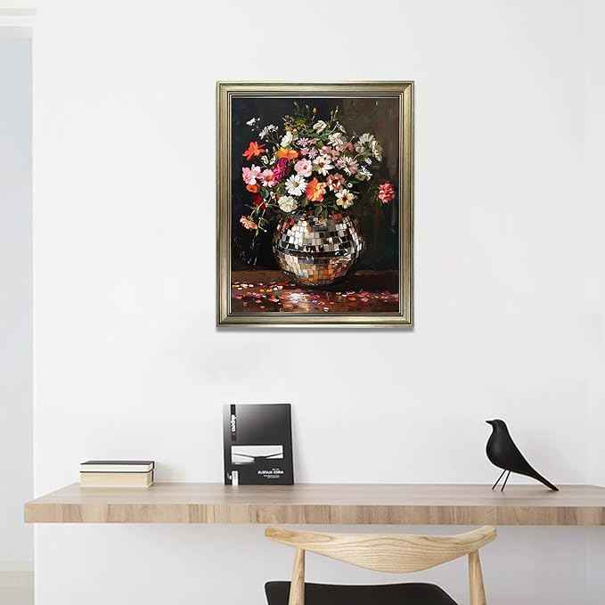 Disco Ball Wall Decor, Vintage Framed Colorful Moody Florals Wall Art, Maximalist Funky Flowers Bouquet Print Poster, Retro Eclectic Wall Art Painting