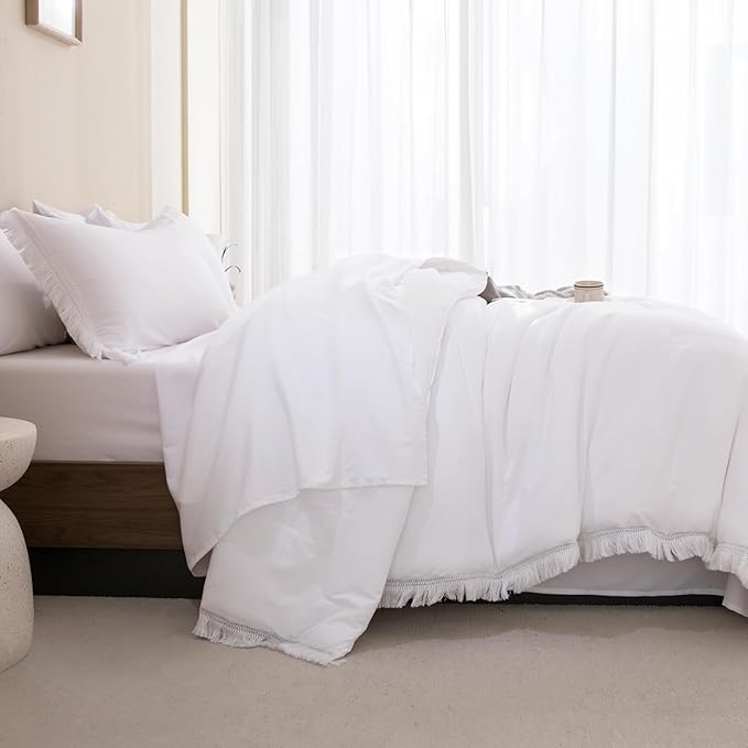 Andency Oversized King Comforter Set White 120x98-7 Pieces Boho Tassel Bed in a Bag Soft Lightweight Bedding Sets, Fringe All Season Bed Set with Comforter, Sheets, Pillowcases & Shams