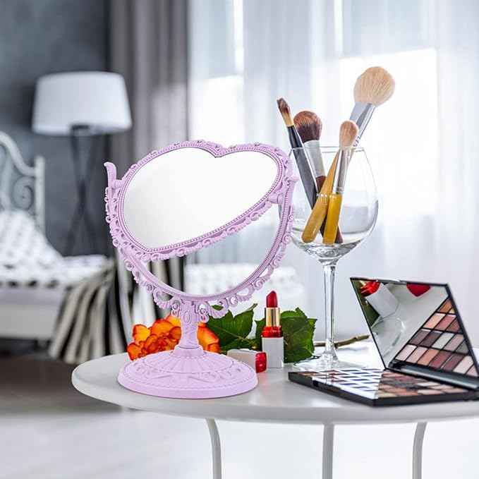 AKOAK Heart-Shaped Cosmetic Mirror - Plastic, Double-Sided, Rotatable, Lightweight - Bathroom & Bedroom Mirror (Purple)