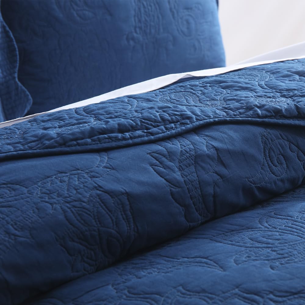 Cotton Bedspread Quilt Sets, Real Patchwork Bedding Sets with Luxury Floral Paisley Pattern, 3 Pieces Reversible Soft Lightweight Coverlet for All Season, Navy Blue, King Size