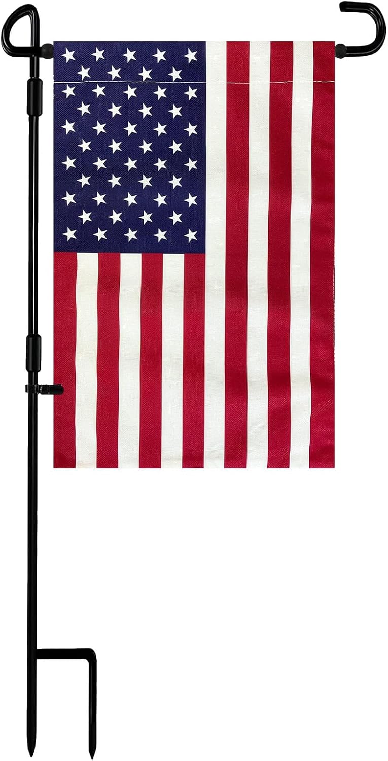 TOPFLAGS Garden Flag Stand with American Flag Garden Flag Metal Yard Flag Holder Pole Stake Small Flag Stands for Garden Flags 12 x 18 with Clips and Stopper